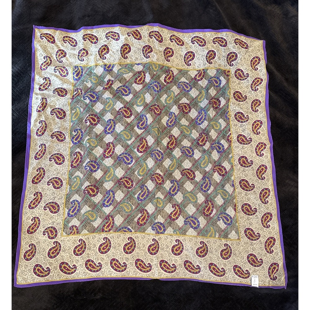 OSCAR DE LA RENTA Vintage SILK SCARF Pure Silk Paisley Purple Border 29x29 Japan